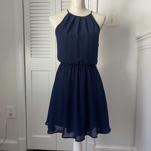 Lush Dress Women XS Navy Blue Chiffon Fit Flare Sleeveless Open Back